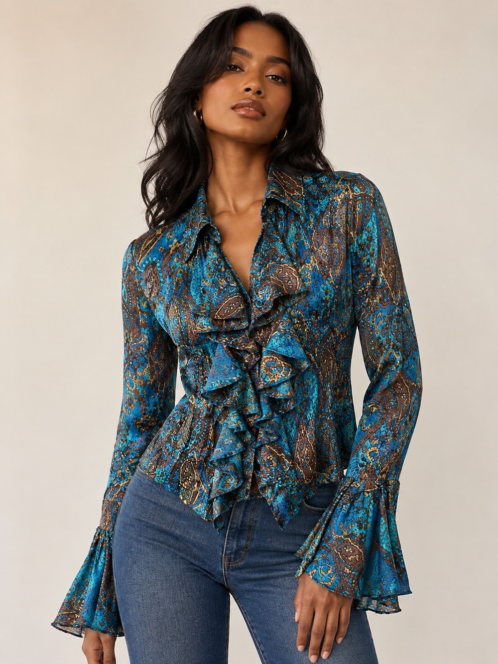 Serenade Ruffled Paisley Long-Sleeve Top in Teal and Brown Size Medium